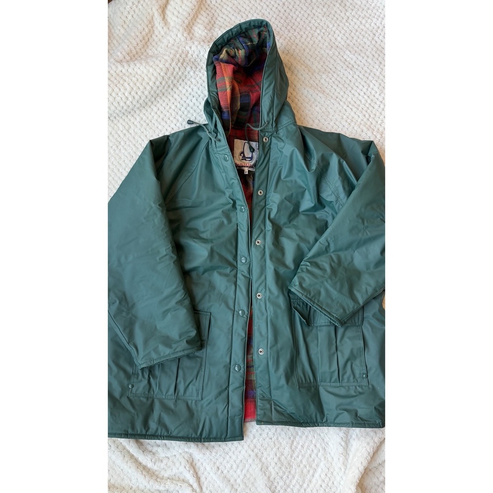 Sailmaker Outerwear Jacket Mens 3Xl Green Hooded PVC Rain Plaid Quilted Lined